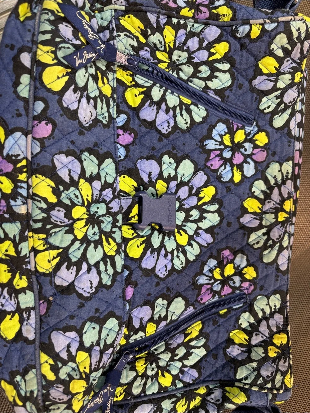Vera Bradley Navy Floral Quilted Messenger Bag with Yellow & Light Blue Accents